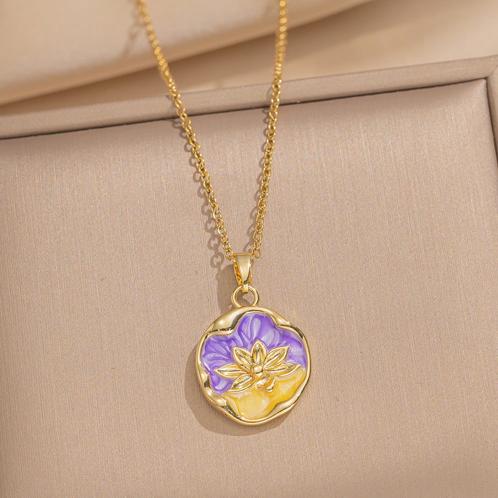 Baroque Style Leaf-Shaped Titanium Steel Necklace with Tulip Floral Motif, Vacuum-Plated for Hypoallergenic Wear, O-Chain Design