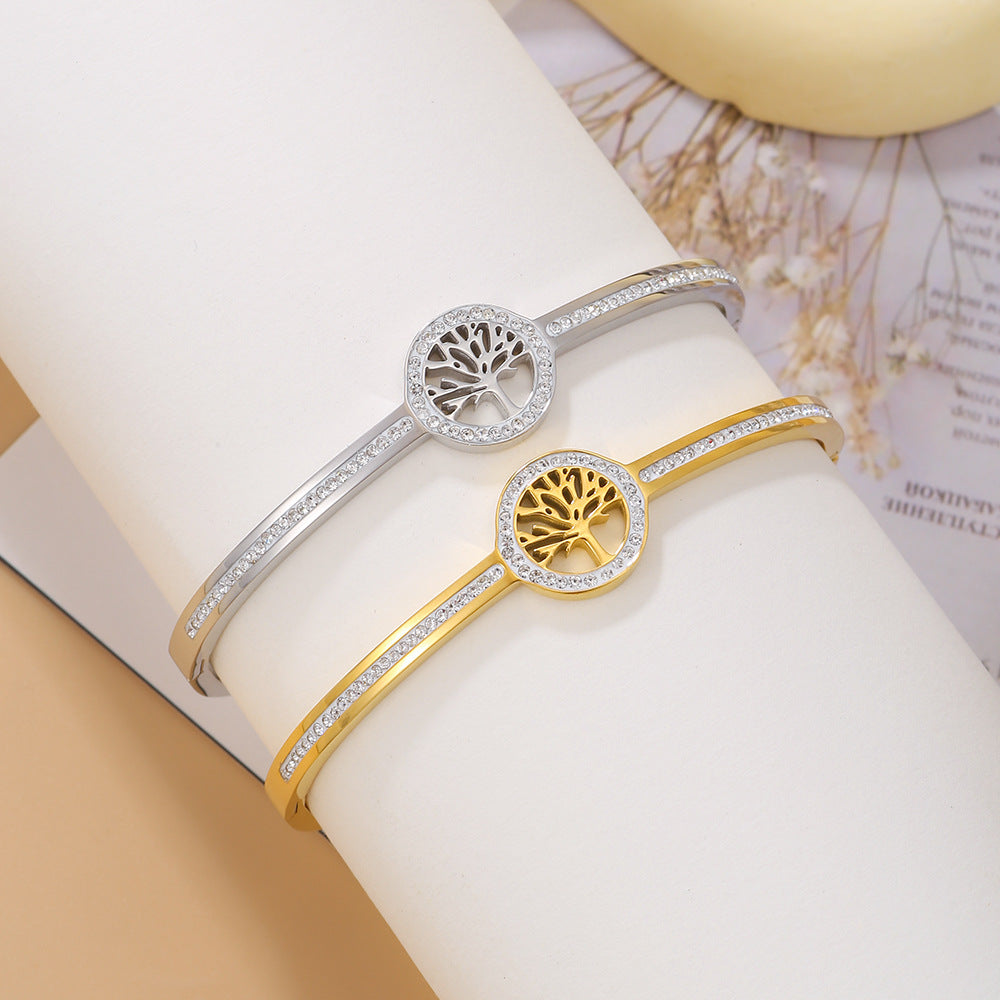 Paved Cubic Zirconia Geometric Round Tree of Life Titanium Steel Bracelet Unisex
