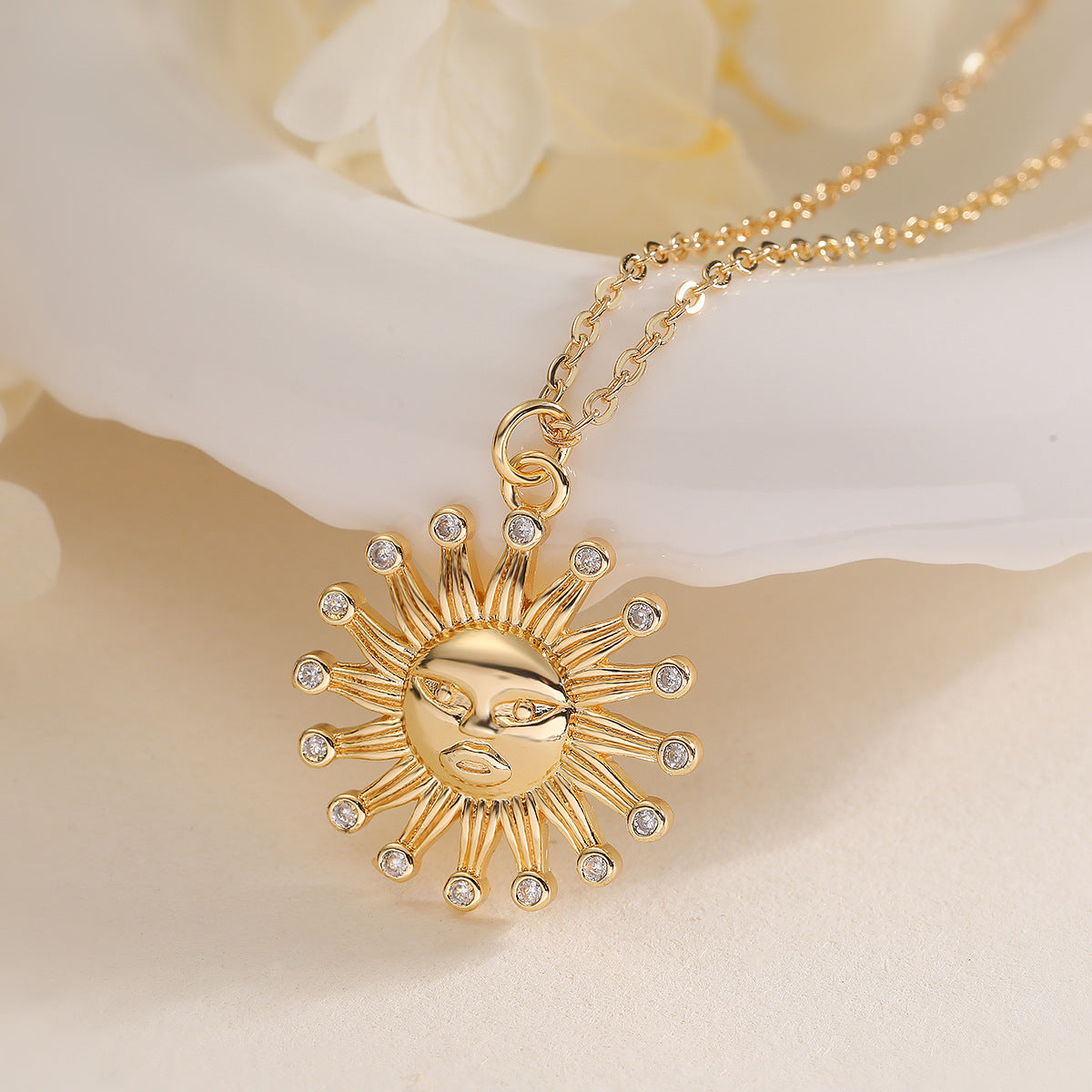 Minimalist Sun-Shaped Pendant Necklace for Women with Copper Base Plated in 18K Gold and Zircon Inlay