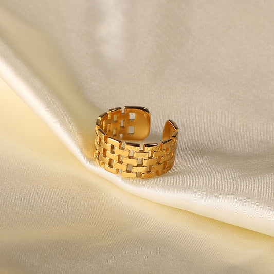 Anillo Abierto Ancho Minimalista para Mujer de Acero Inoxidable con Baño de Oro de 18K y Textura de Malla