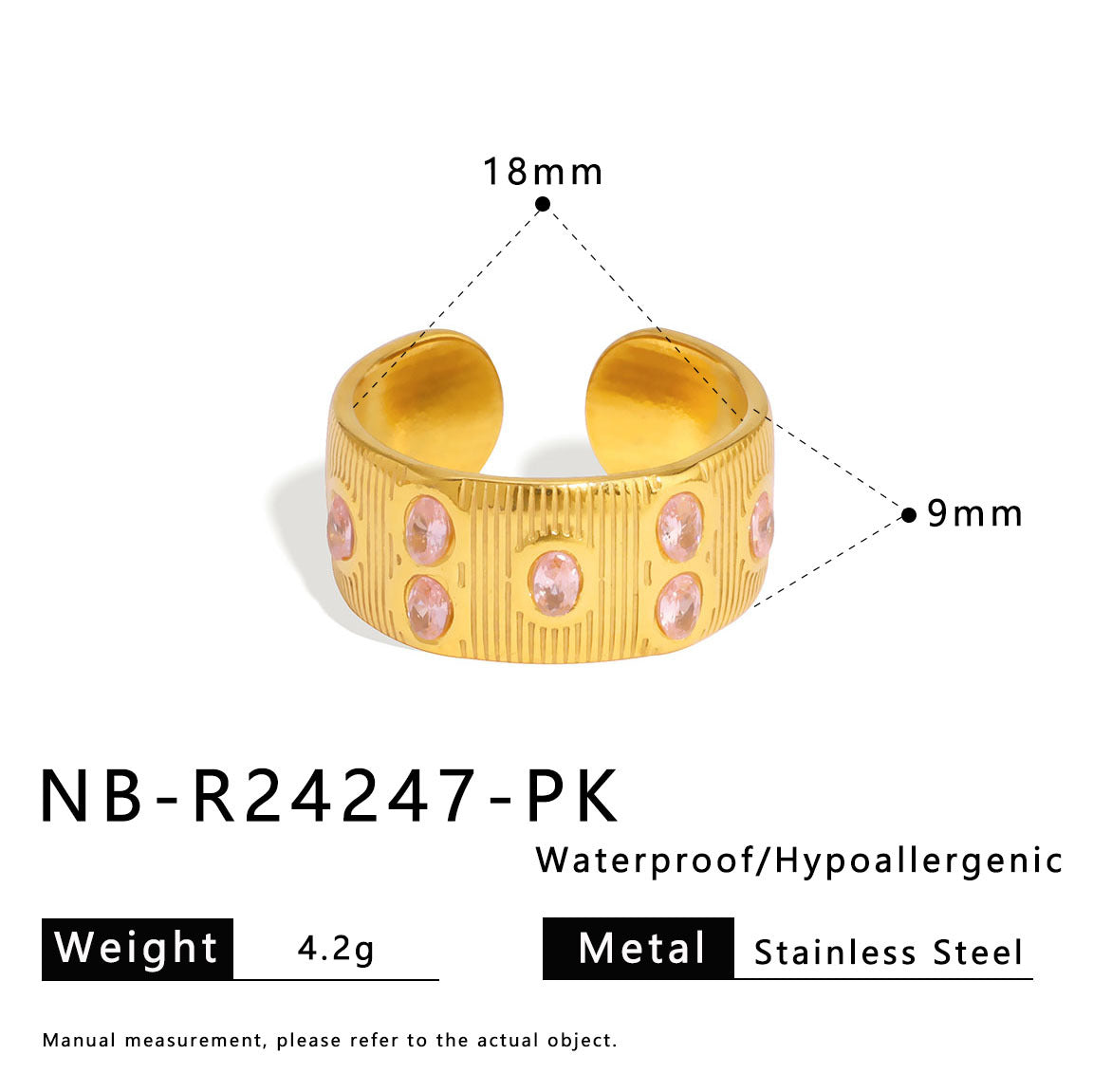 Adjustable Round Stainless Steel Ring with 18K Gold Plating and Colorful Zircon Inlay for Unisex Wear