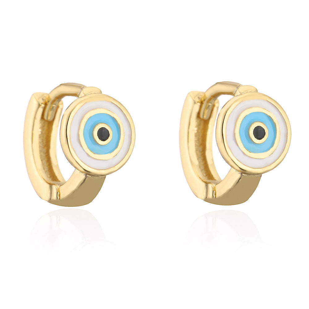Orecchini a Cerchio Minimalisti Geometrici in Rame con Placcatura in Oro 18K e Dettaglio Occhio Smaltato da Donna