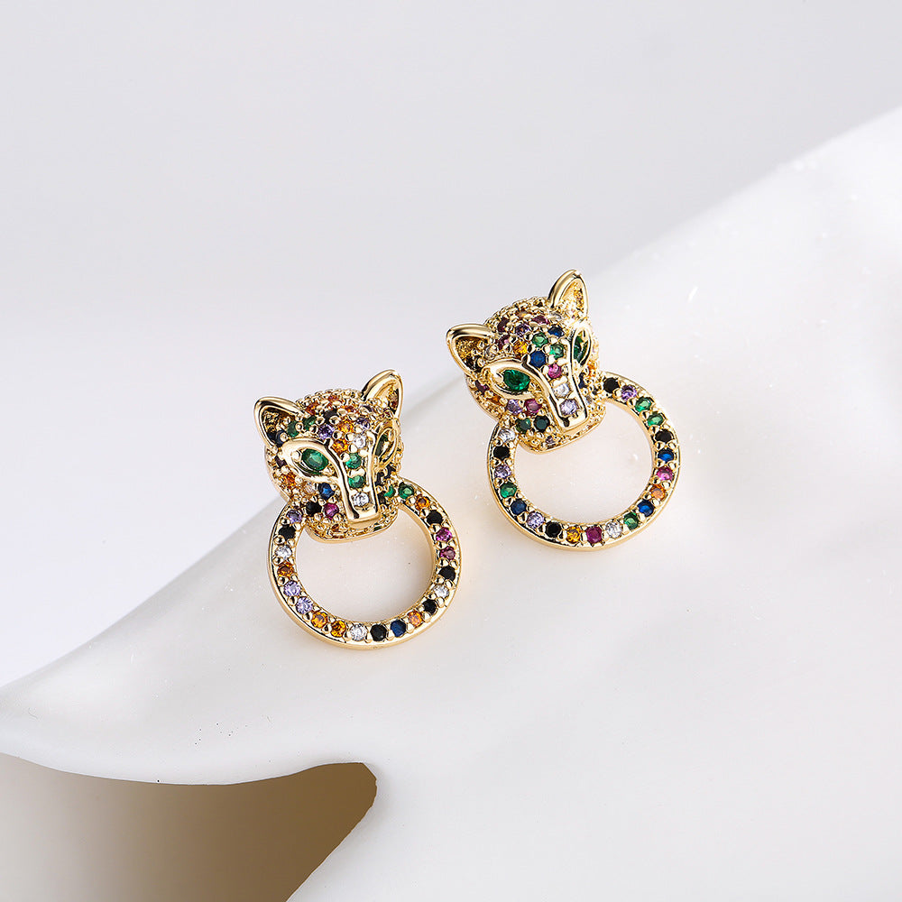 Geometric Style Copper Stud Earrings with 18K Gold Plating and Multicolor Zircon Accents