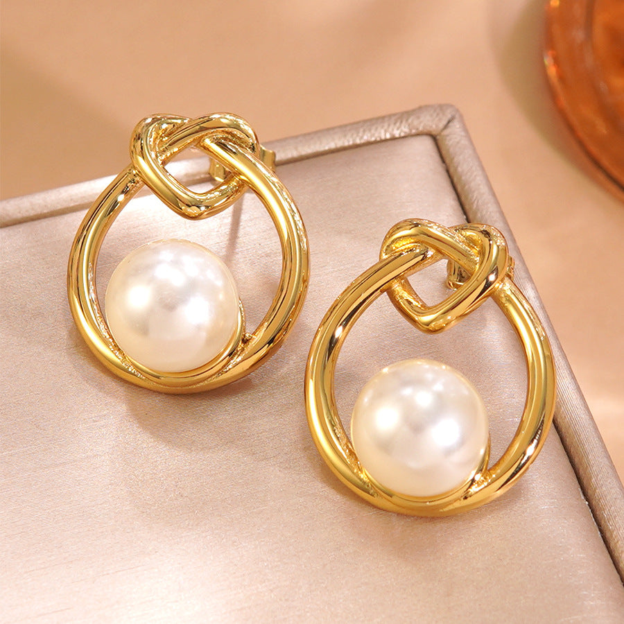 Elegant Minimalist Geometric Heart Knot Stainless Steel Stud Earrings with Pearl Inlay