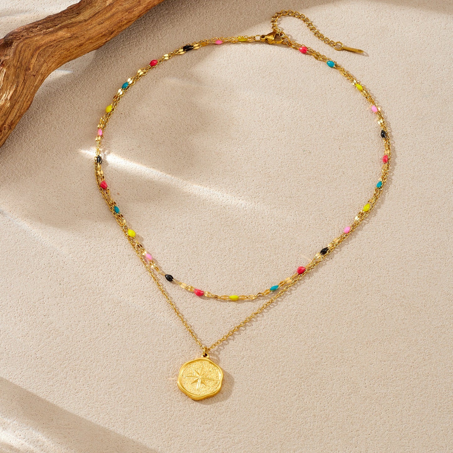 Minimalist Double Layer Colorful Drip Oil Eight-Pointed Star Round Stainless Steel Necklace for Women