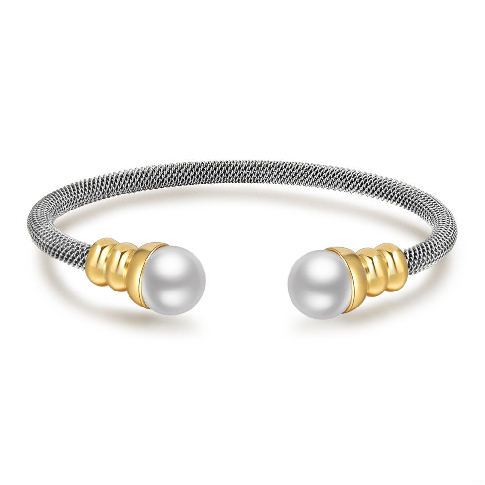 Fashion Round Inlaid Pearl Titanium Steel Bangle Bracelet for Women and Men