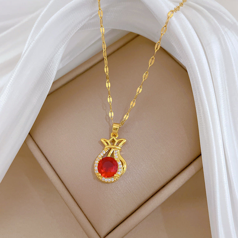 Sweet Luxury Geometric Red Lucky Bag Rhinestone Pendant Necklace Titanium Steel Cable Chain for Unisex