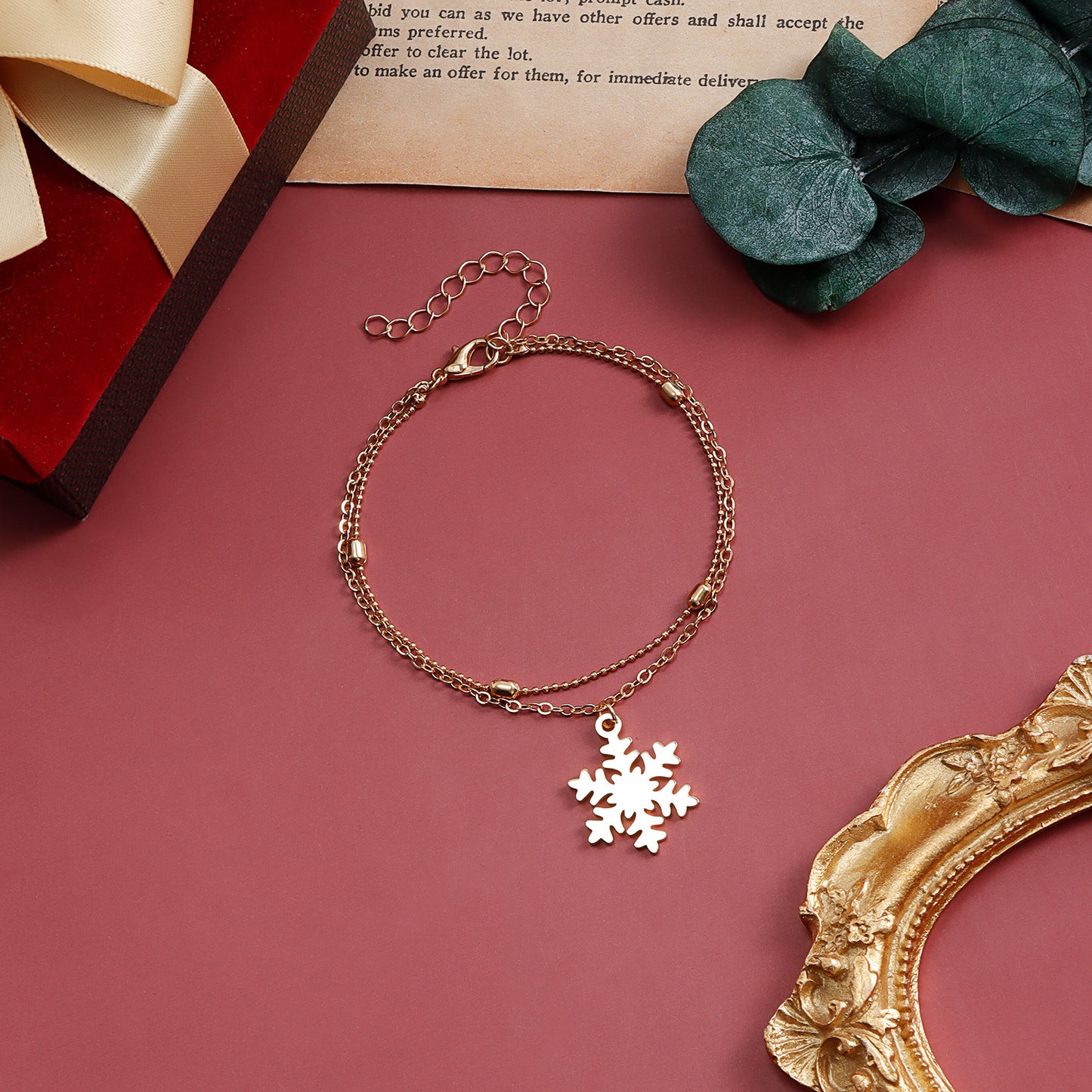 Original Design Geometric Double Layer Bracelet for Women with Plated Finish and Christmas Snowflake Motif