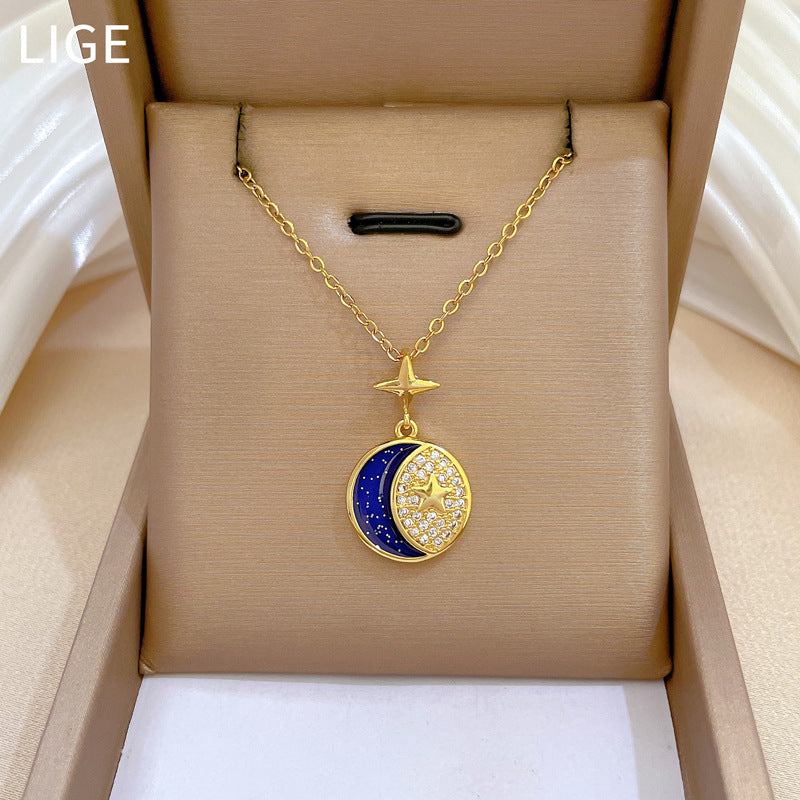 Sweet Star Moon Geometric Titanium Steel Necklace with Cubic Zirconia Brass Pendant for Unisex