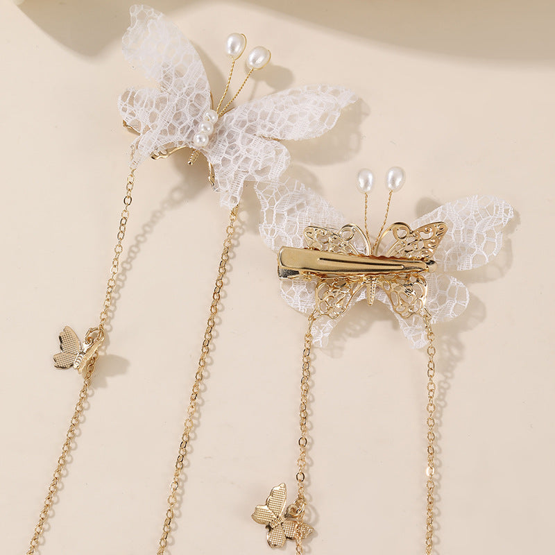 Natural Style Butterfly Bow Hair Clip for Girls with Metal Chain and Long Tassel, Resin Plastic Hair Accessory for Children Ages 3 to 10