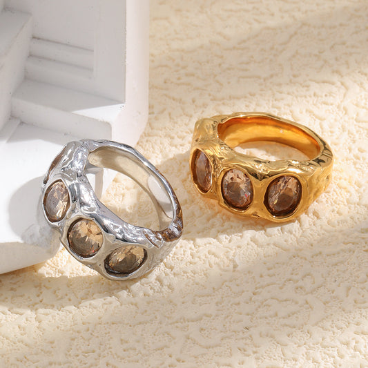 Vintage Minimalist Geometric Round Stainless Steel Gold Plated Cubic Zirconia Ring for Women