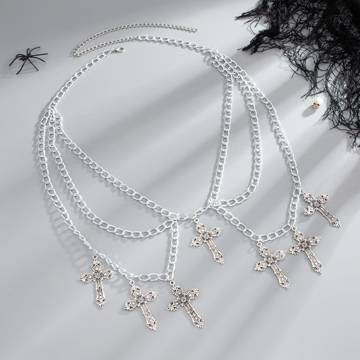 Gothic Punk Cross Hollow Out Zinc Alloy Body Chain with Tassel for Women
