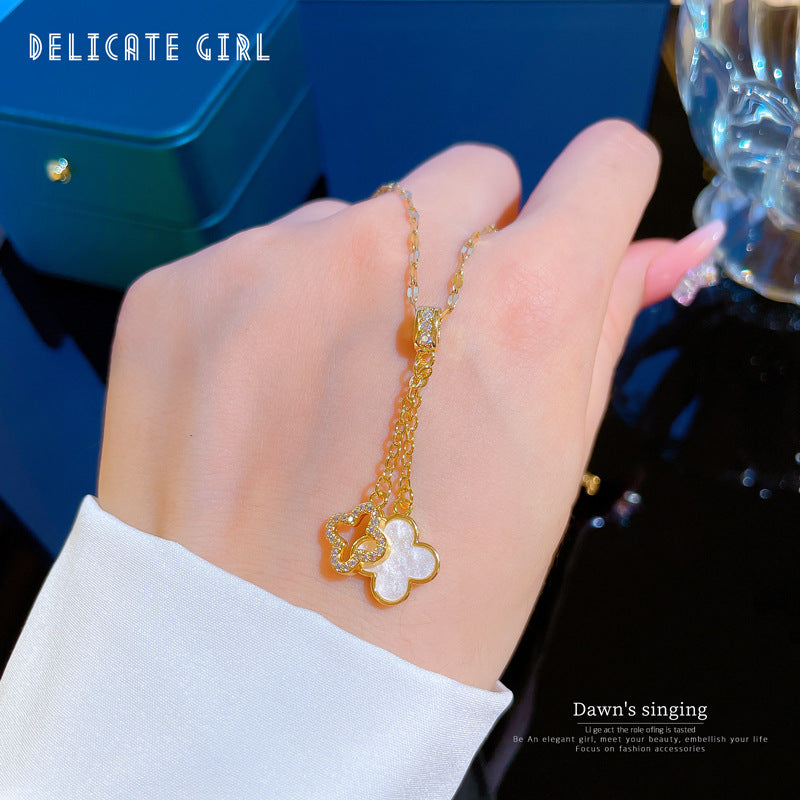 Collana a Catena Doppia da Donna in Acciaio al Titanio a Forma di Fiore di Lusso con Intarsi di Strass