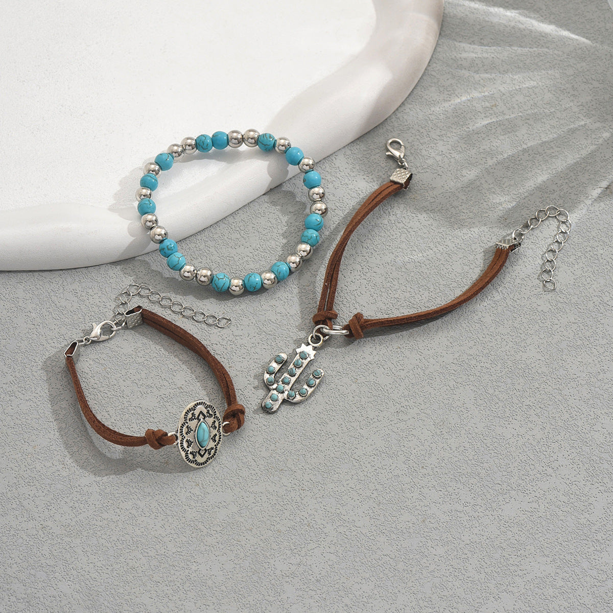 Vintage Cactus-Shaped Zinc Alloy Bracelet Set with Turquoise Inlay for Women