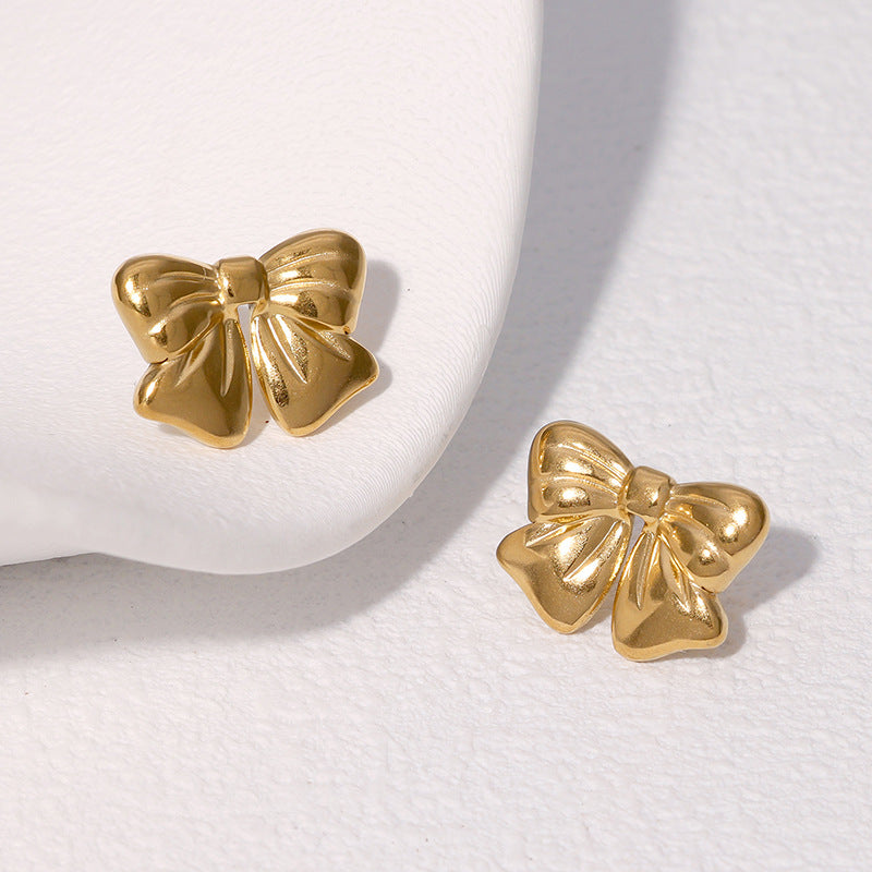 Pendientes de Acero Inoxidable con Baño de Oro en Forma de Lazo Estilo Minimalista para Mujer