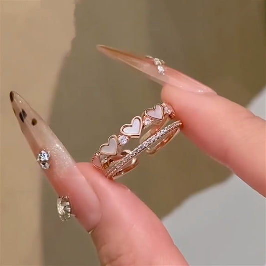 Elegante Anello Aperto Bicolore con Madreperla e Cuore in Zirconia Cubica da Donna, Accessorio di Moda Lussuoso e Minimalista