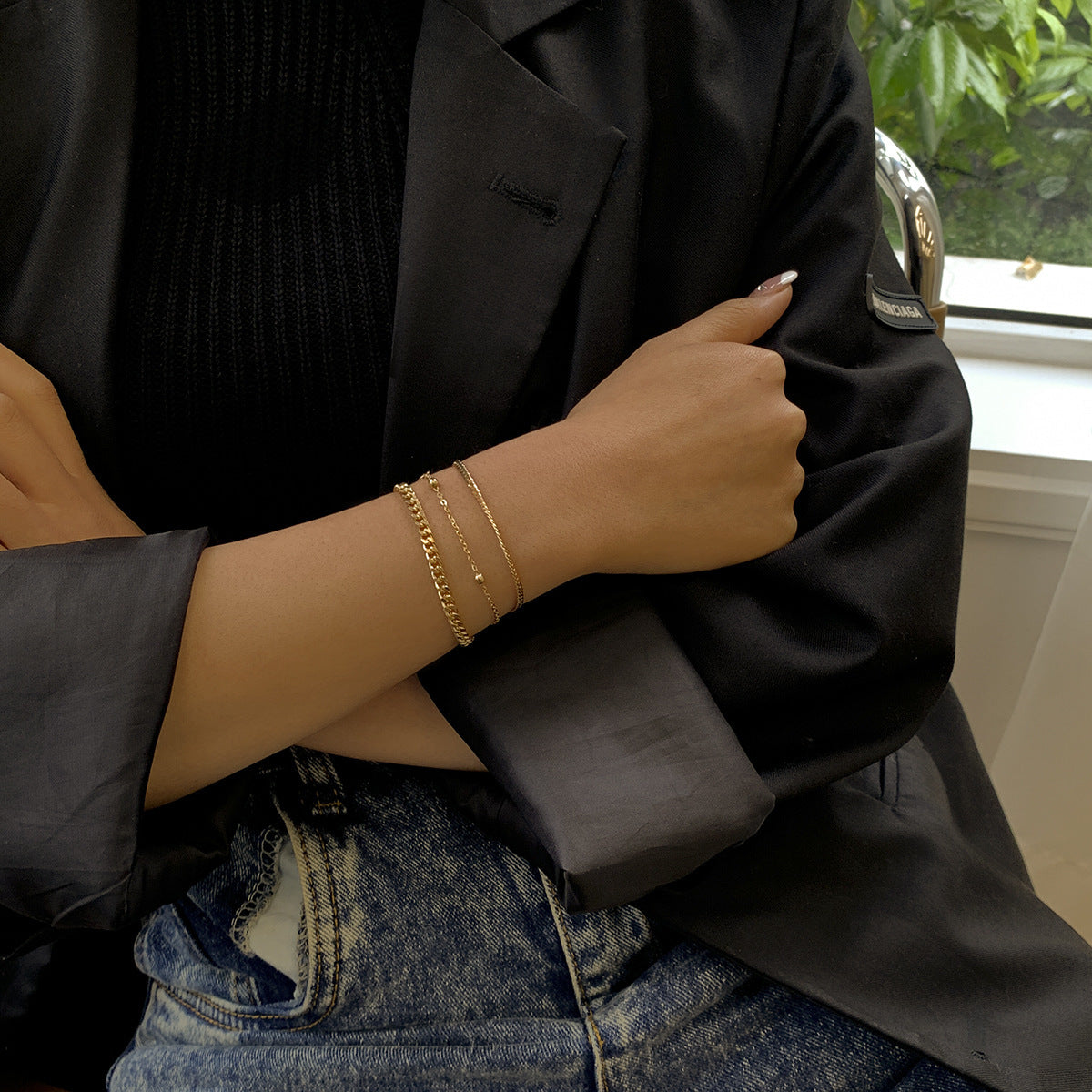Minimalist Sweet Geometric Round Bead Plated Brass Snake Chain Bracelet Set for Women