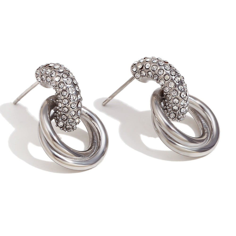 Fashionable Minimalist Geometric Stainless Steel Earrings with 18K Gold Plating and White Zirconia Round Hoop Design for Women