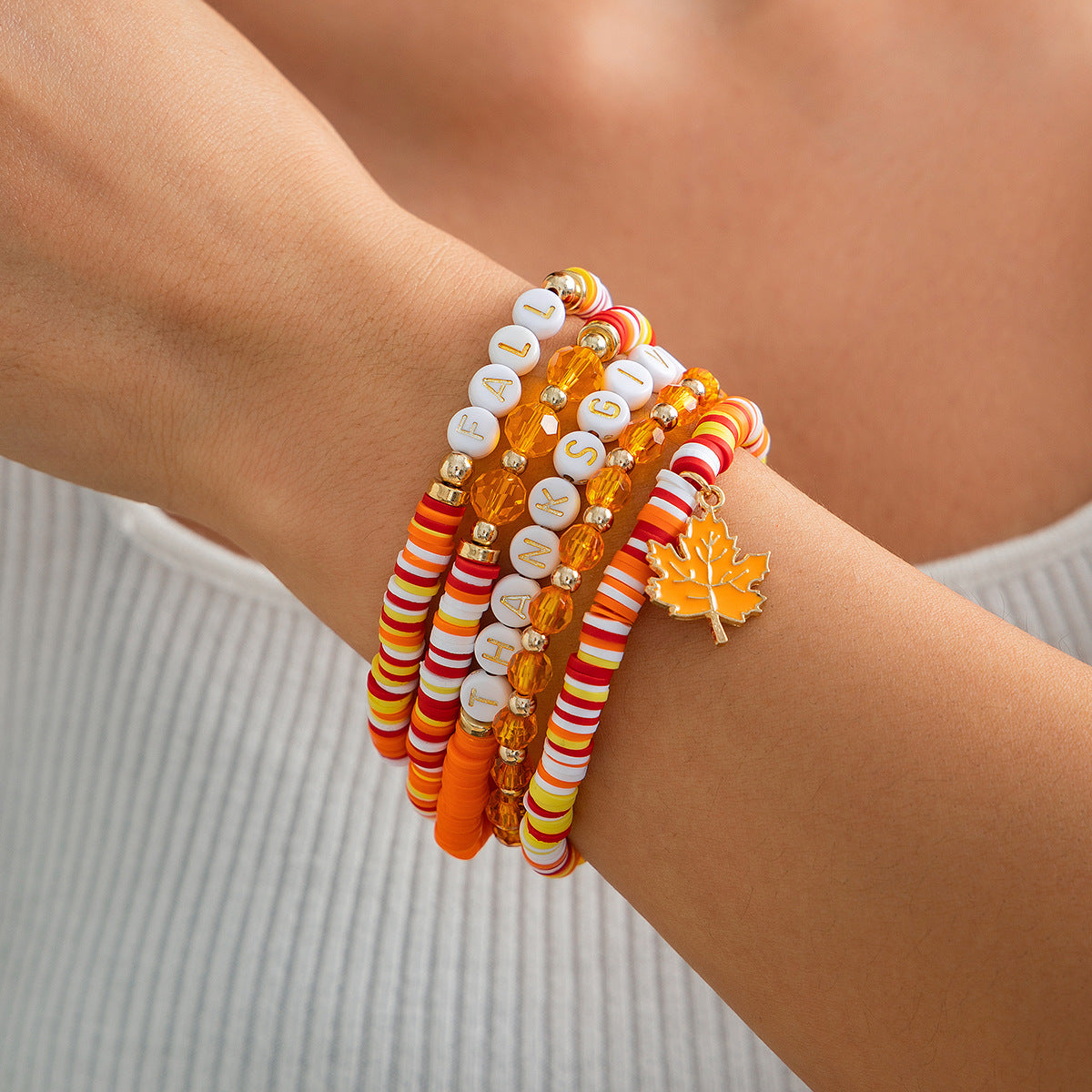 Minimalist Acrylic Letter Leaf Plated Bracelet Set for Women Thanksgiving Gift