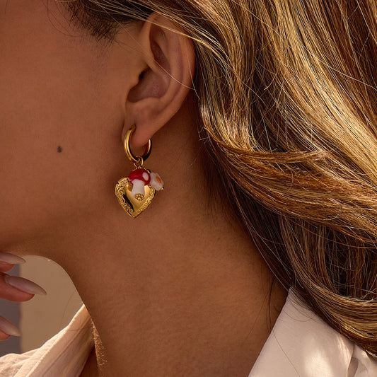 Fashionable Heart-Shaped Geometric Stainless Steel Earrings with Enamel Detail and 18K Gold Plated Ear Hooks