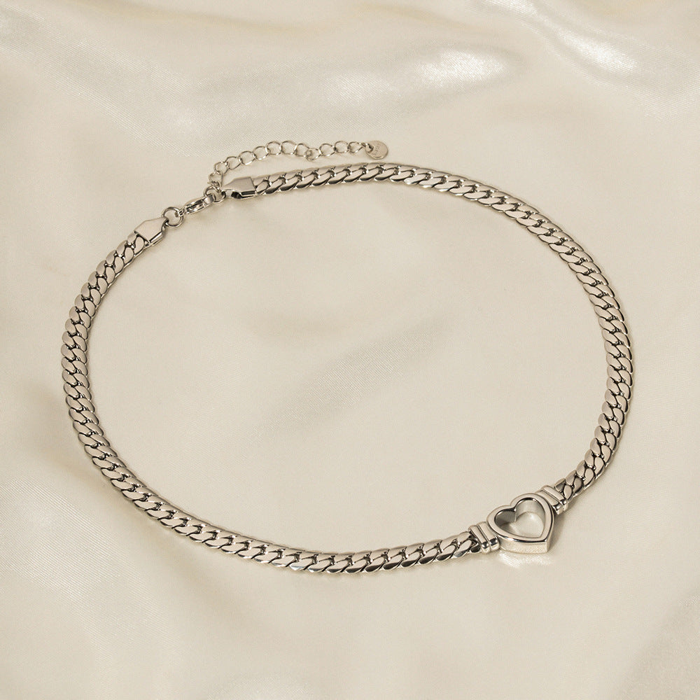 INS Style Heart Shaped Stainless Steel Cuban Necklace with Gold Plated Hollow Flat Snake Chain for Women