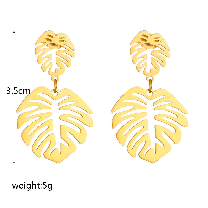 Minimalist Vintage-Inspired Leaf-Shaped Titanium Steel Earrings with Gold Plating for Women