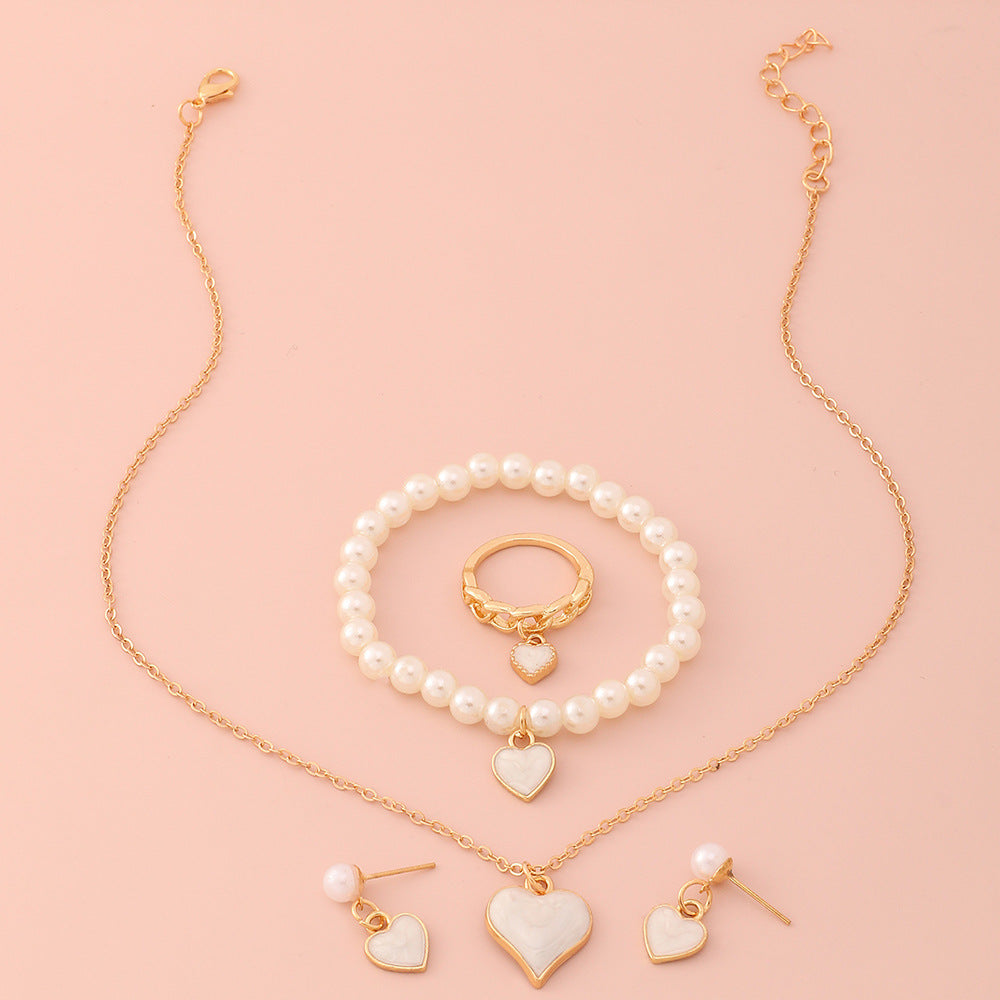 Conjunto de Collar, Pulsera y Pendientes con Cadena de Serpiente de Aleación con Forma de Corazón Tono Frío Minimalista con Acentos de Perlas para Niñas