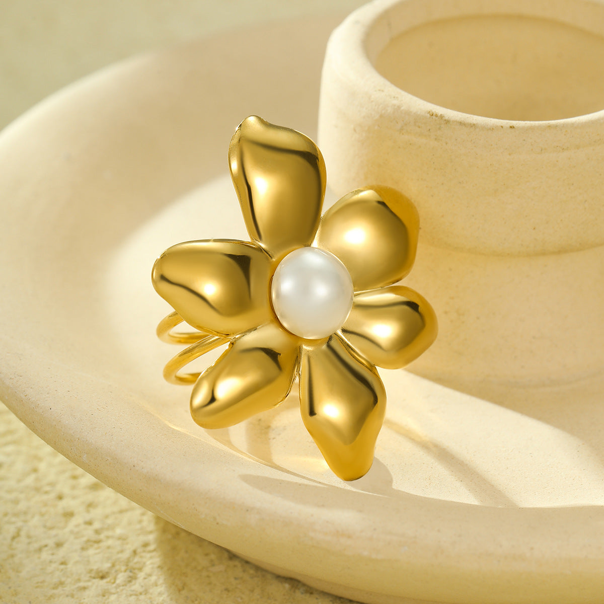 Minimalist Irregular Petal-Shaped Titanium Steel Ring with Pearl Inlay for Women