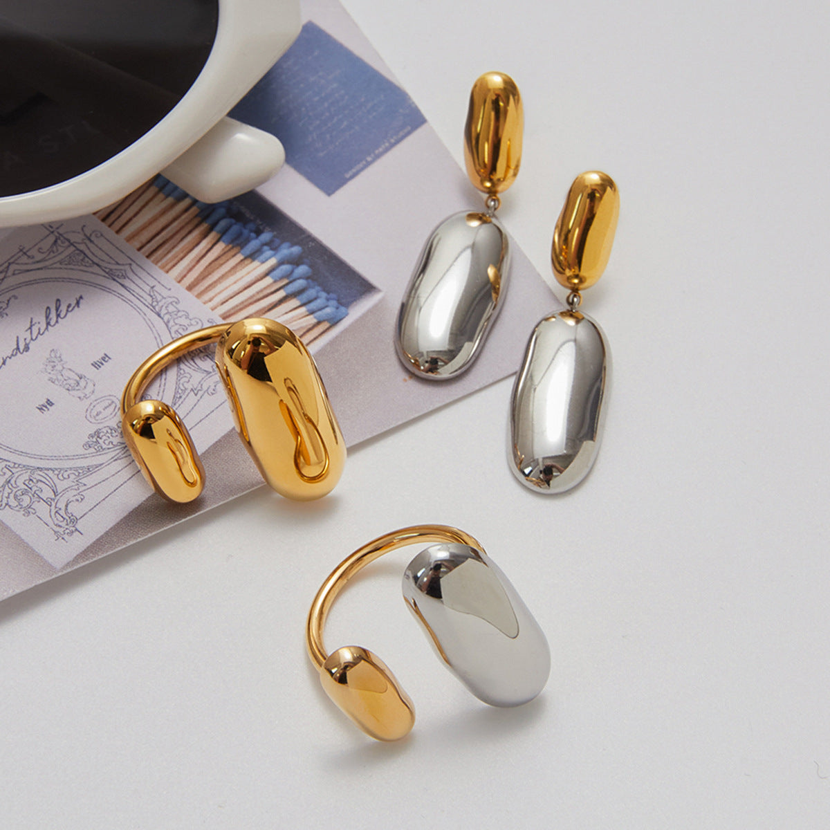 Color Block Oval Geometric Stainless Steel and Titanium Steel Plated Earring and Ring Set for Women