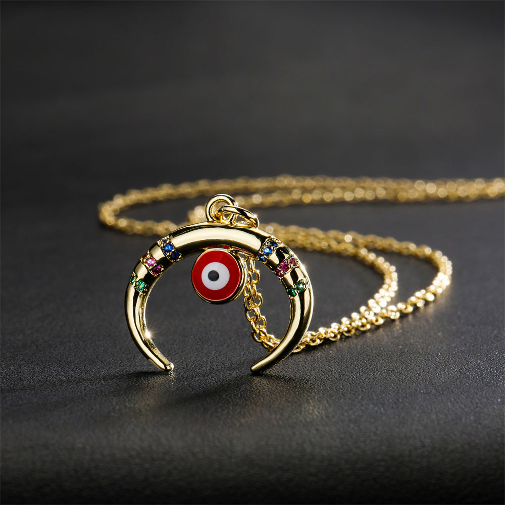 Geometric Evil Eye Pendant Necklace in Copper with 18K Gold Plating and Zircon Inlay