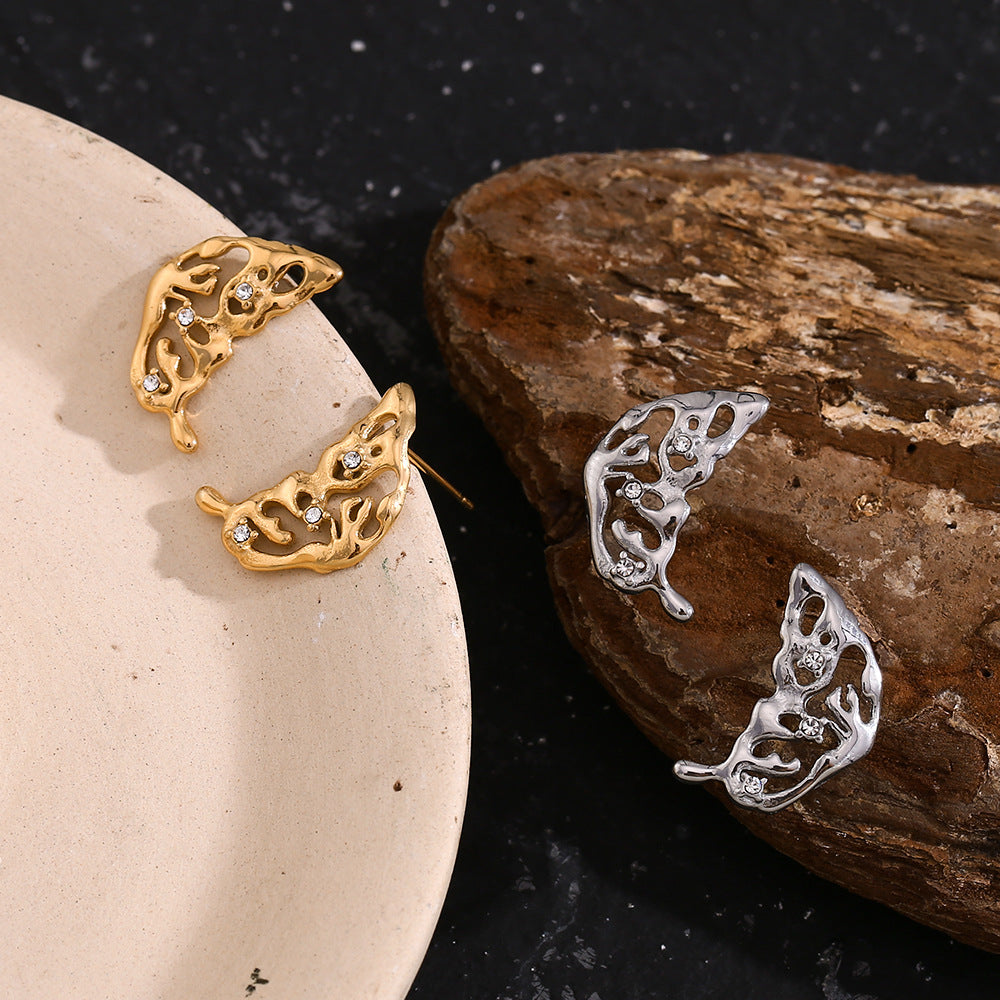 Minimalist Wing-Shaped Stainless Steel Earrings with 18K Gold Plating and Rhinestone Accents