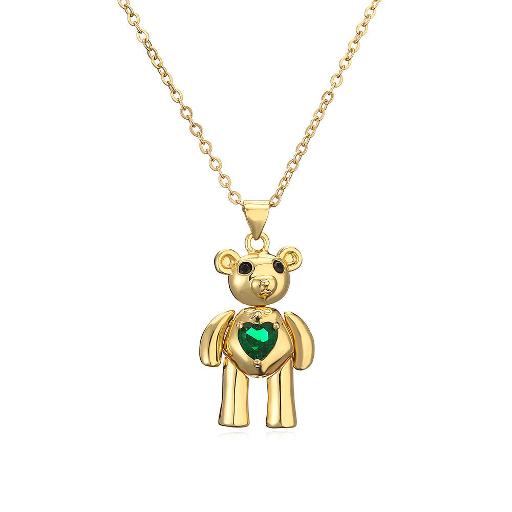Cute Minimalist Bear-Shaped Copper Pendant Necklace with Real Gold Plating and Zircon Accents for Women