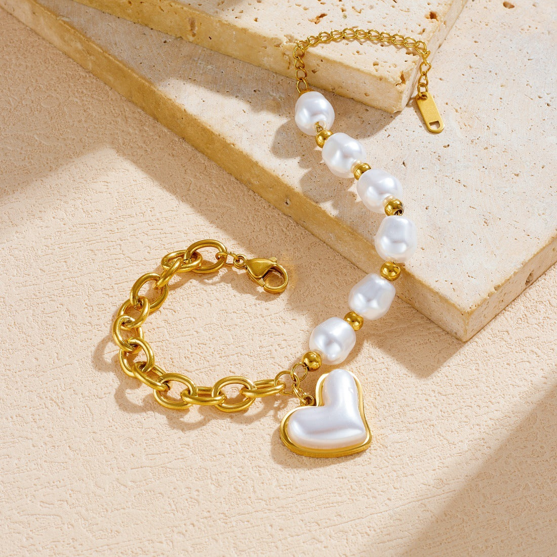 Vintage Gold Plated Irregular Faux Pearl Heart Stainless Steel Bracelet