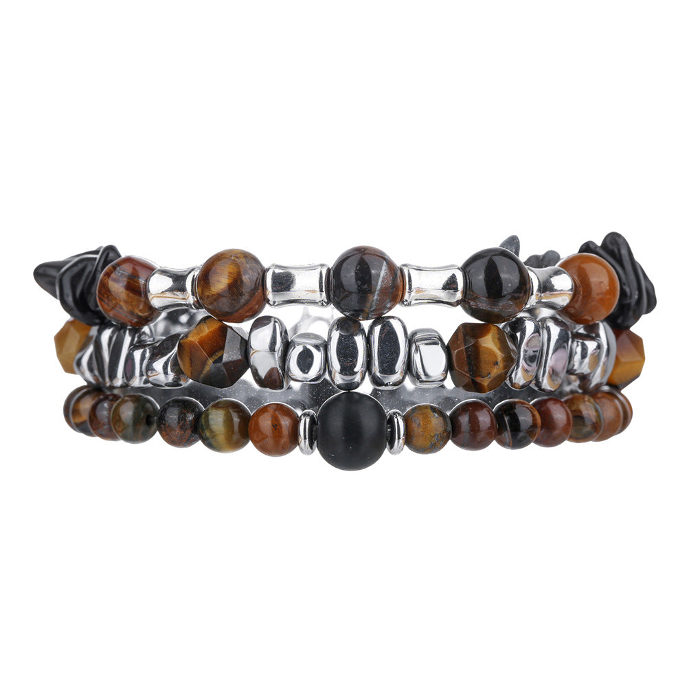 Bracciale elasticizzato con perline geometriche esagonali in ossidiana nera e occhio di tigre, da uomo e unisex, accessorio casual da lavoro e alla moda