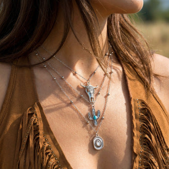 Vintage Bohemian Ethnic Geometric Alloy Plated Layered Necklace for Women with Coin and Asymmetric Chain Elements