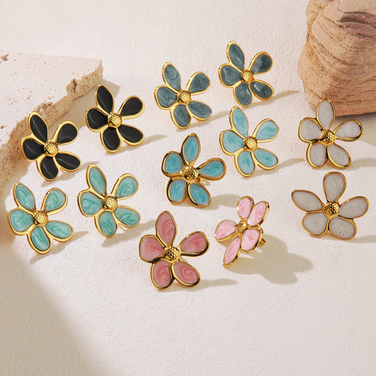 Sweet Floral Drip Oil Stainless Steel Stud Earrings for Women