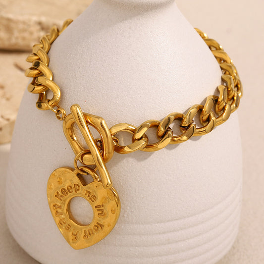 Minimalist Heart-Shaped Stainless Steel Plated 18K Gold Cuban Chain Bracelet for Women