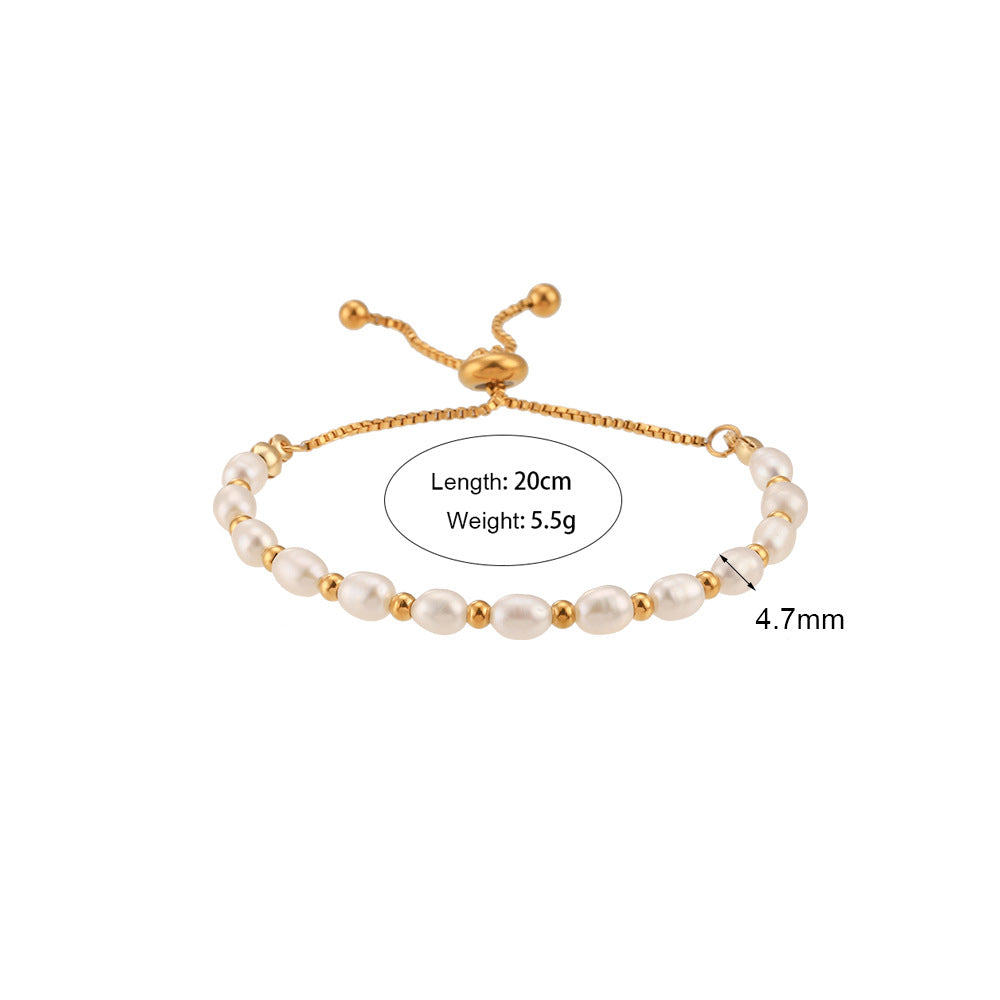 Minimalist Fashionable Geometric Stainless Steel Bracelet with 18K Gold Plated Finish and Freshwater Pearl Spacers Adjustable Drawstring Design