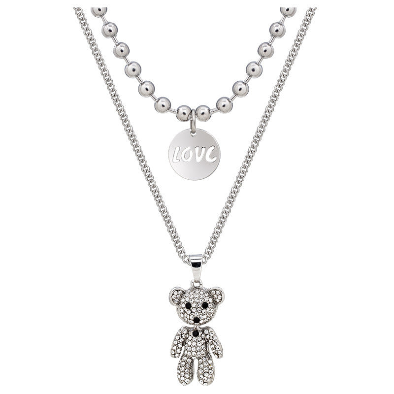 Minimalist Bear Pendant Necklace for Women with Geometric Shape and Irregular Design, Double-Layered Beaded Chain for Sweater Layering