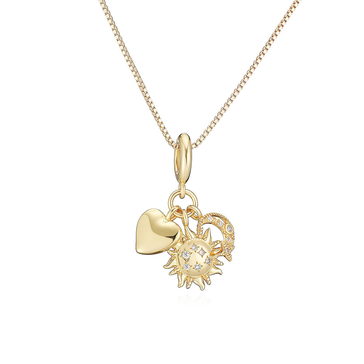 Sweet Minimalist Geometric Sun Moon Brass Gold Plated Cubic Zirconia Inlay Pendant Necklace for Women