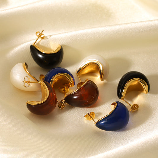 Retro French Style Waterdrop-Shaped Stainless Steel Earrings for Women with Resin Inlay and Plated Finish