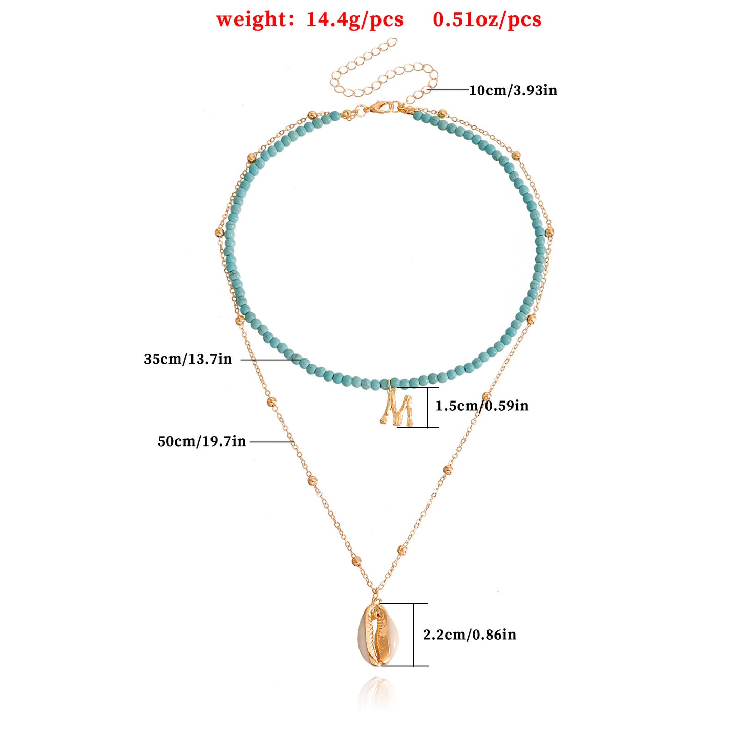 Minimalist Double-Layer Turquoise Necklace with Shell Pendant and Letter M Charm for Women Alloy Chain with Plating Finish