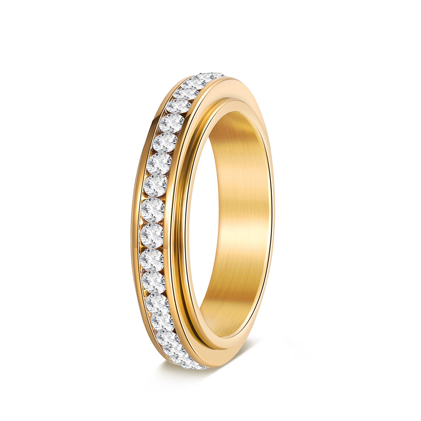 Anillo Giratorio Antiestrés Minimalista Geométrico de Acero de Titanio con Incrustaciones de Pedrería para Mujer