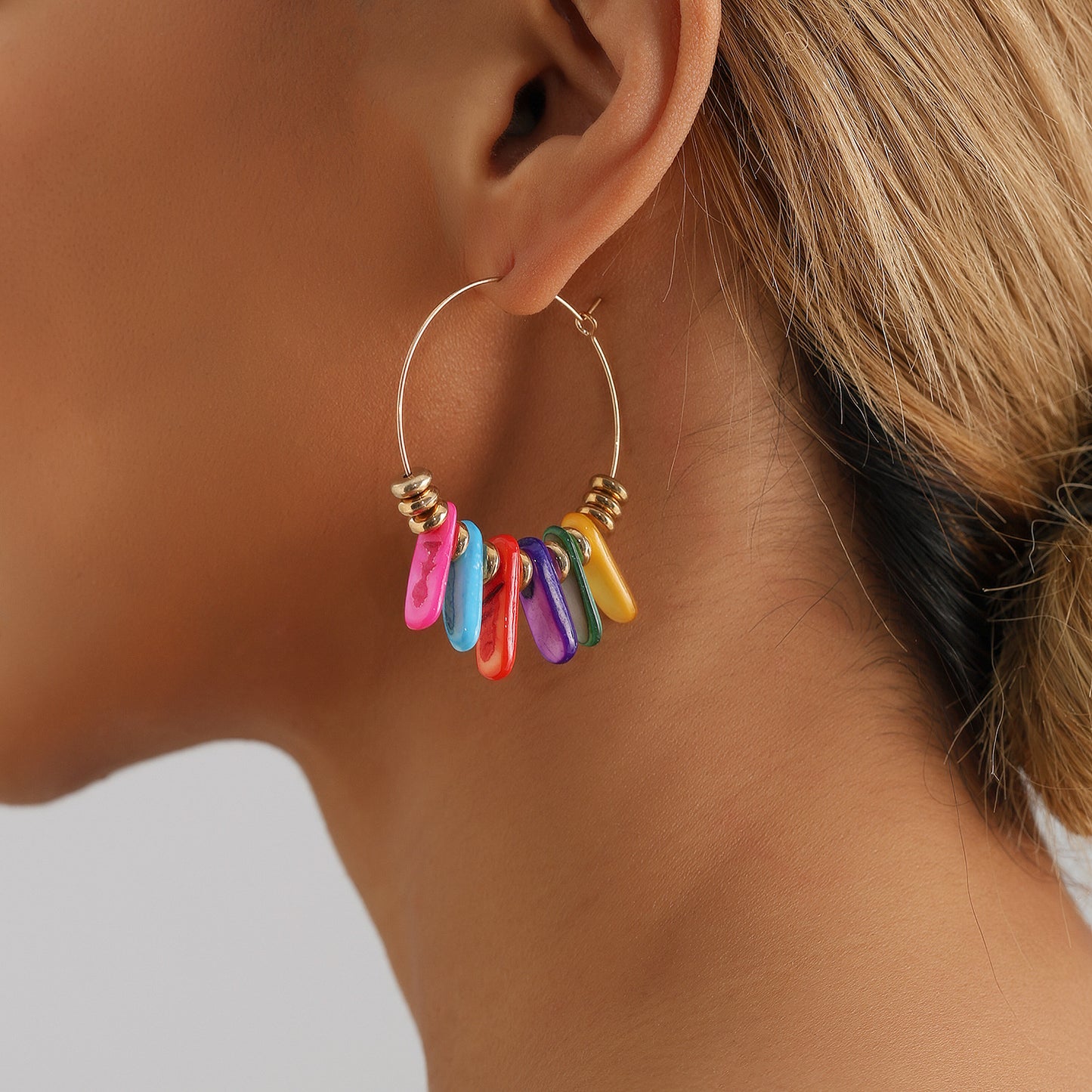 Minimalist Geometric Large Hoop Earrings for Women with Enamel Finish and Colorful Shell Accents