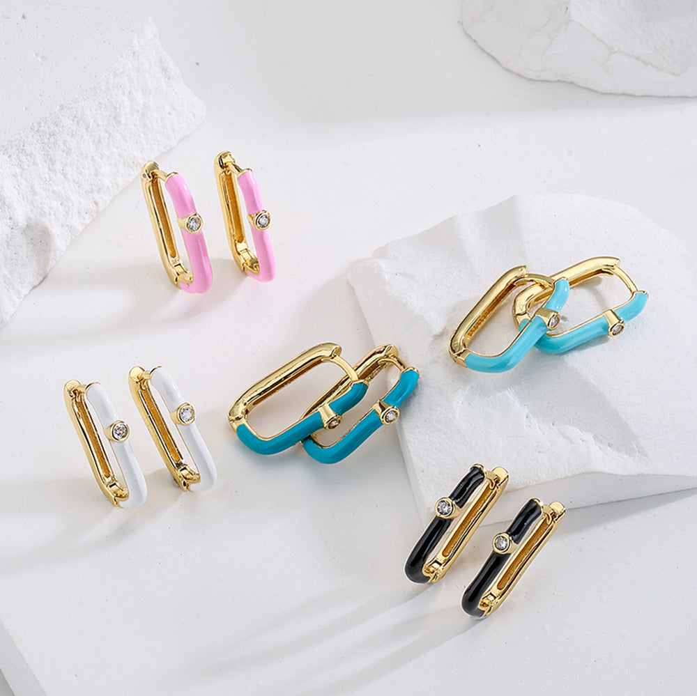 Orecchini geometrici minimalisti in rame con placcatura in oro 18 carati e finitura smaltata da donna