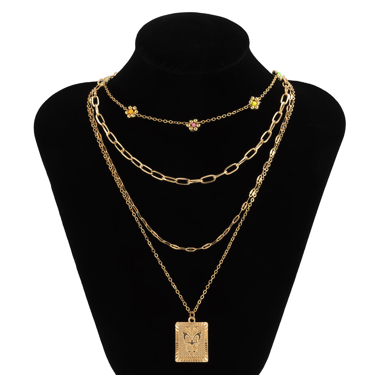 Collar colgante Retro Daisy para mujer con dije de mariposa geométrica de aleación chapado en cadena fina de cuentas redondas