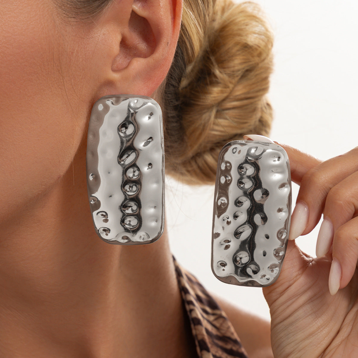 Hip-hop Geometric Rectangle Hammered Iron Plated Earrings for Women