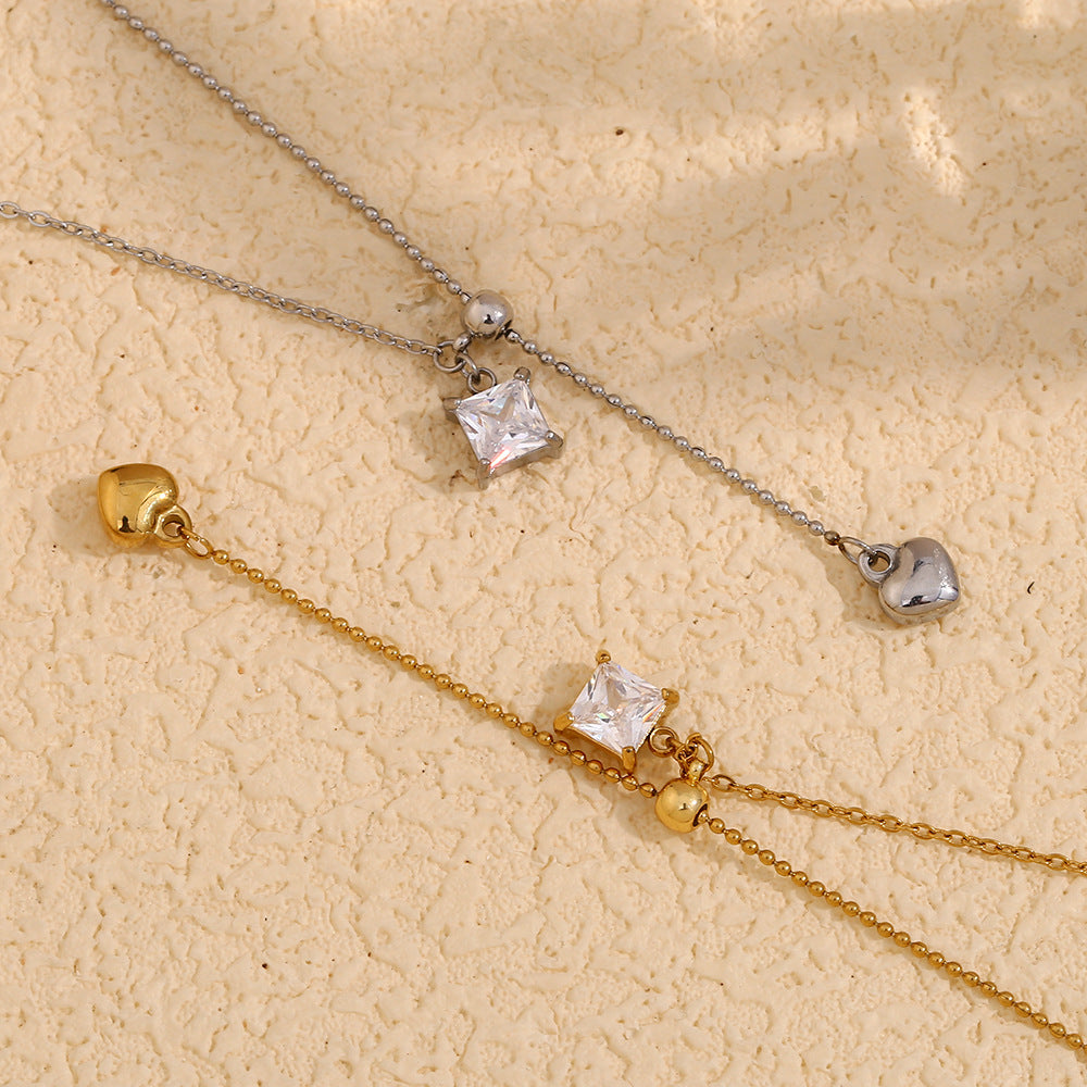 Minimalist Square Pendant Necklace with Stainless Steel Chain, 18K Gold Plated Titanium Steel Heart Charm, Zircon Inlay, and Fringe Detail for Women