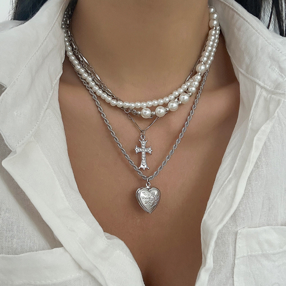 Minimalist Cross Pendant Necklace with Imitation Pearl and Alloy Accents on Pearl Chain for Women