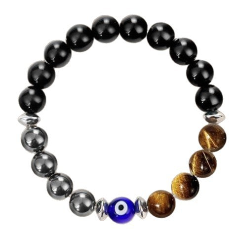 8mm Tiger's Eye and Obsidian Evil Eye Beaded Stretch Bracelet Geometric Unisex Fashion Jewelry